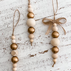 Gold Wood Bead Christmas Ornaments - Rustic Farmhouse Decor, Set of 5