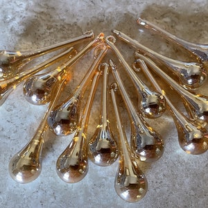 Handmade Iridescent Champagne Glass Raindrop Ornaments 2 3/8" Set of 14, Gold Glass Christmas Ornaments