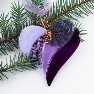 Fused Glass Heart Suncatcher: Purple Ornament with Copper Hook