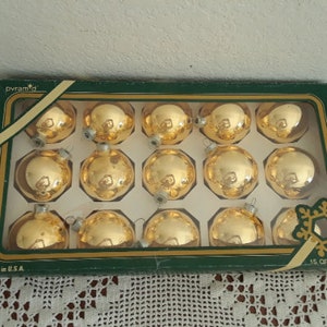 Vintage Gold Glass Christmas Ornaments Holiday Tree Decoration 15 Box Set Mid Century Hollywood Regency Retro Shabby Chic Cottage Home Decor