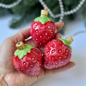 Strawberry glass Christmas ornament, harvest Xmas tree hanging decoration, hand blown, hand painted