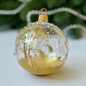 Gold Christmas glass ornament, Tree woodland Xmas tree hanging decoration, Rustic winter holiday decor