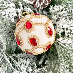 Elegant Ivory and Red Jeweled Velvet Christmas Ornament - Holiday Home Decor, Jeweled Ball Ornament, Red and Gold Ornament, Holiday Bling