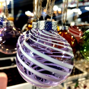 Updated Christmas glass blown small ornaments purple swirl
