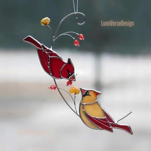 Red Cardinal Stained Glass Suncatcher – Cardinal Window Decor, Handmade Bird Ornament, Christmas Gift for Mom, Memorial Window Hanging