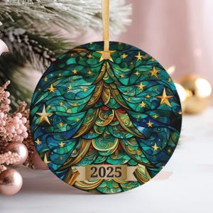 Christmas Tree Ornament 2025, Stained Glass Holiday Decoration, Elegant Keepsake Gift for Family, Coworkers, Friends