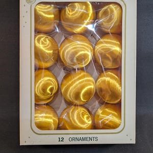 Vintage Pyramid Satin Gold Christmas Ornaments: Set of 12 in Box