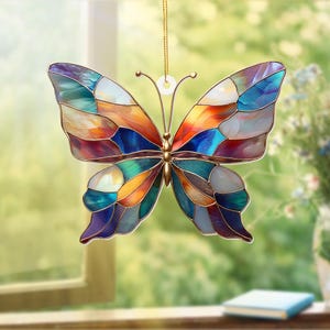 Personalized Stained Glass Acrylic Butterfly Ornament, Butterfly Xmas Hanging Decor, Memorial Gift for Her, Nature Inspired Christmas Decor